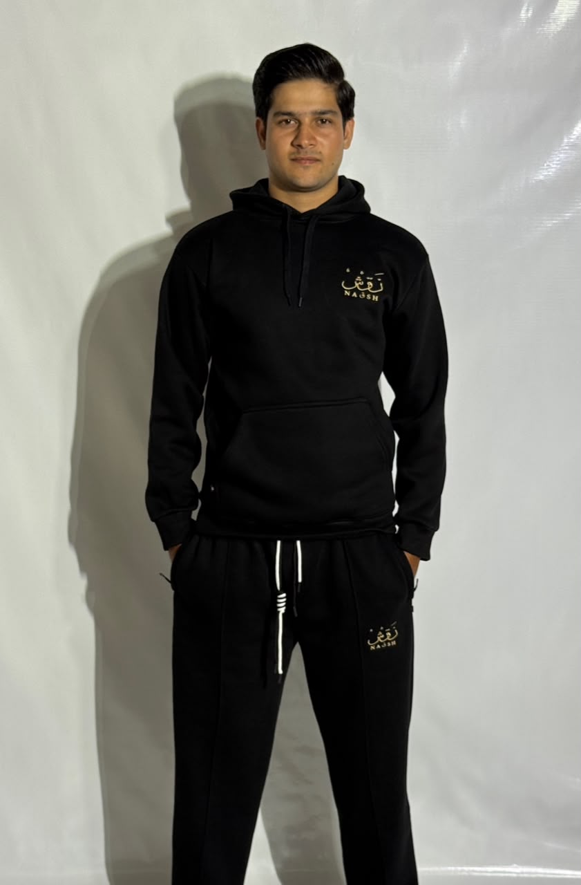 Naqsh Black Embroidered Hoodie for Men – Premium Fleece Pullover with Golden Urdu Calligraphy Logo & Kangaroo Pocket
