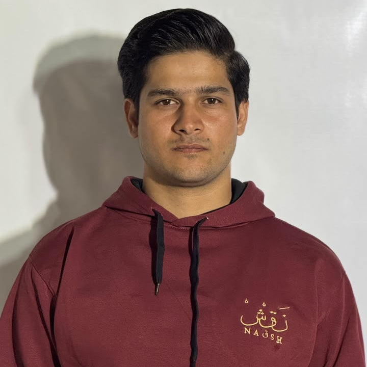 Naqsh Maroon Embroidered Hoodie for Men – Premium Fleece Pullover with Golden Urdu Calligraphy Logo & Kangaroo Pocket