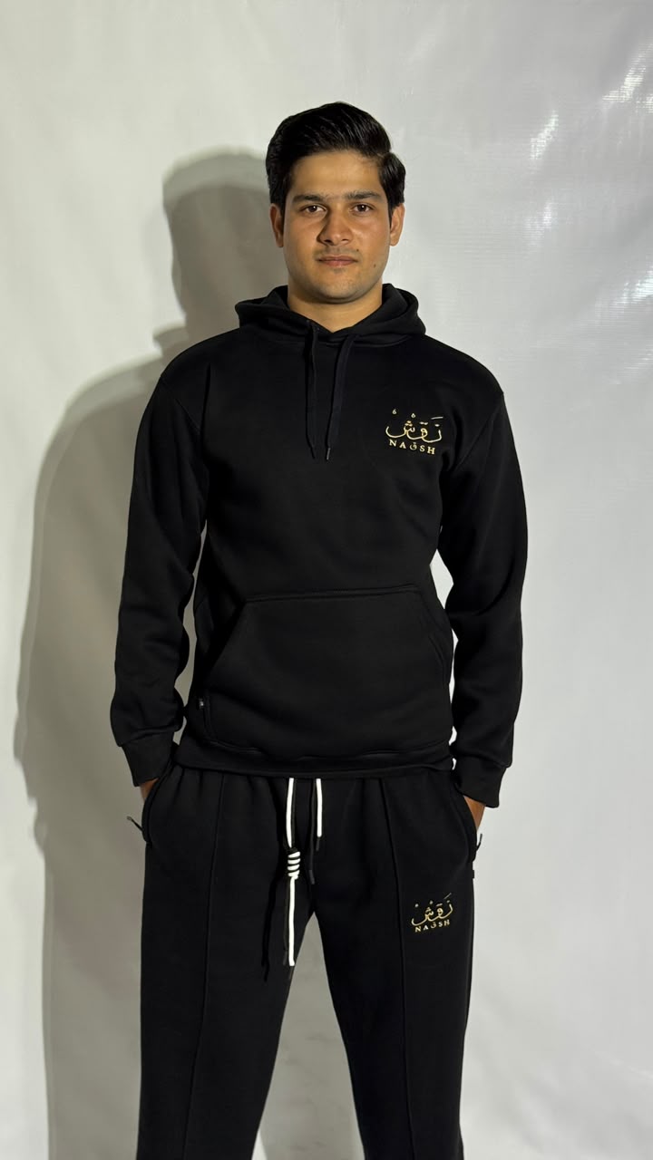 Naqsh Black Embroidered Hoodie for Men – Premium Fleece Pullover with Golden Urdu Calligraphy Logo & Kangaroo Pocket